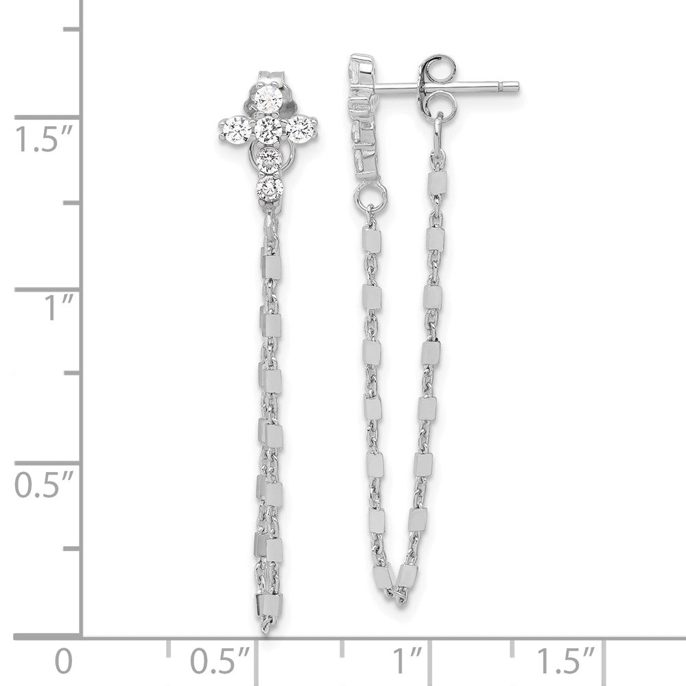 Rhodium-plated Sterling Silver CZ Cross with Chain Post Earrings