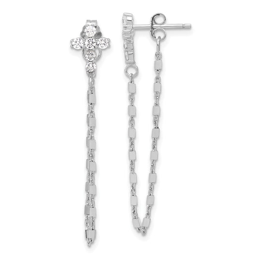 Rhodium-plated Sterling Silver CZ Cross with Chain Post Earrings