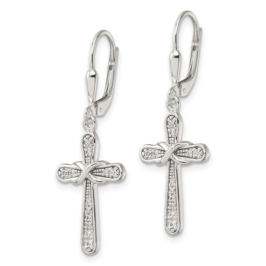 Sterling Silver Polished CZ Infinity Cross Leverback Dangle Earrings