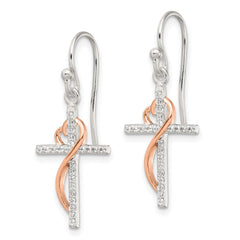 Rose Gold-plated Sterling Silver Polished CZ Heart Cross Dangle Earrings