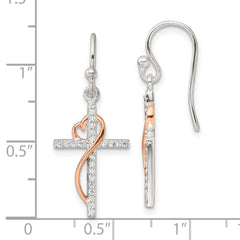 Rose Gold-plated Sterling Silver Polished CZ Heart Cross Dangle Earrings