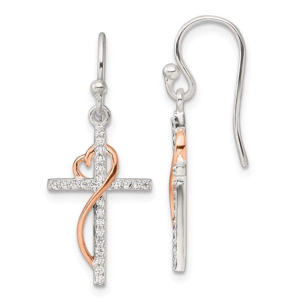 Rose Gold-plated Sterling Silver Polished CZ Heart Cross Dangle Earrings