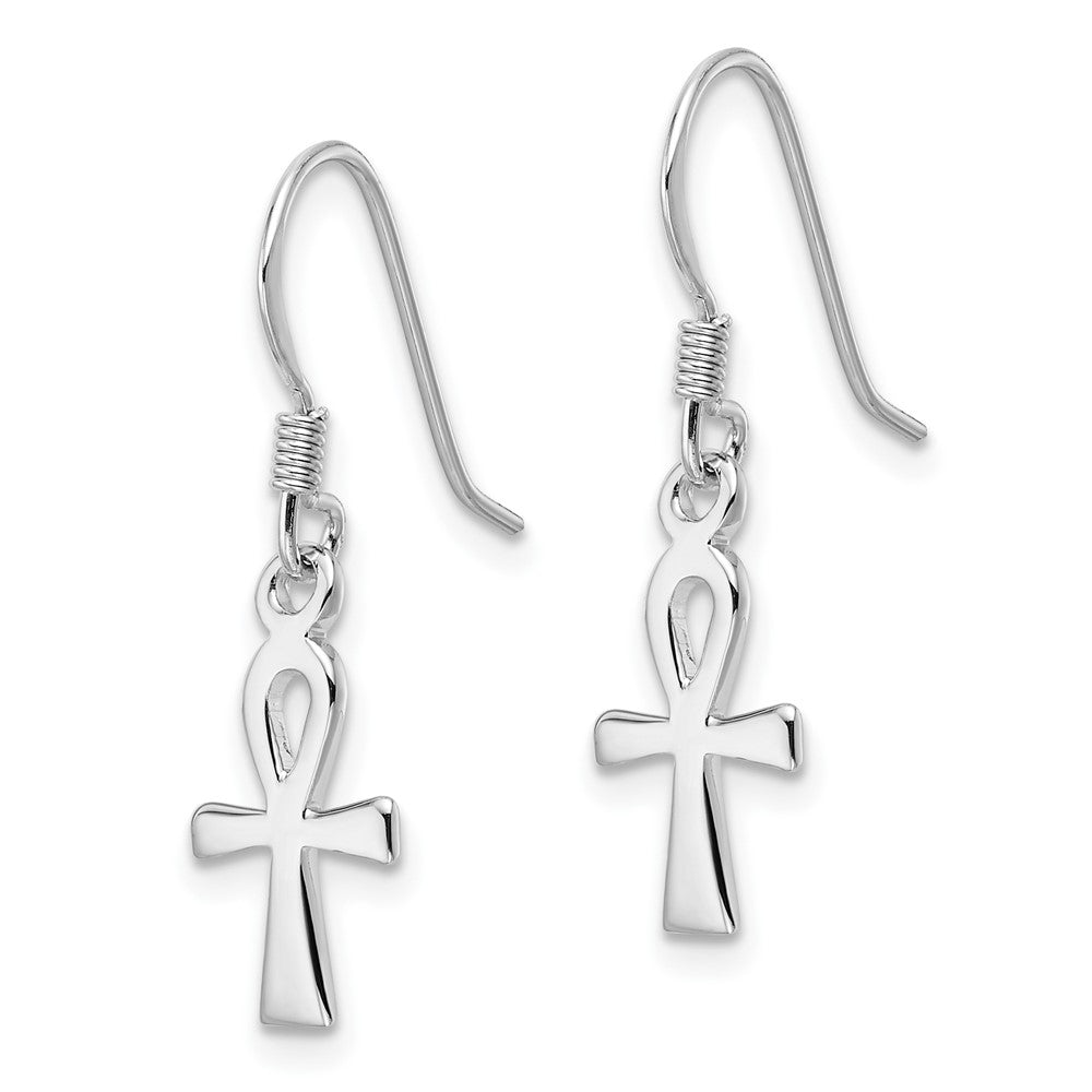 Rhodium-plated Sterling Silver Polished Dangle Egyptian Cross Ankh Earrings