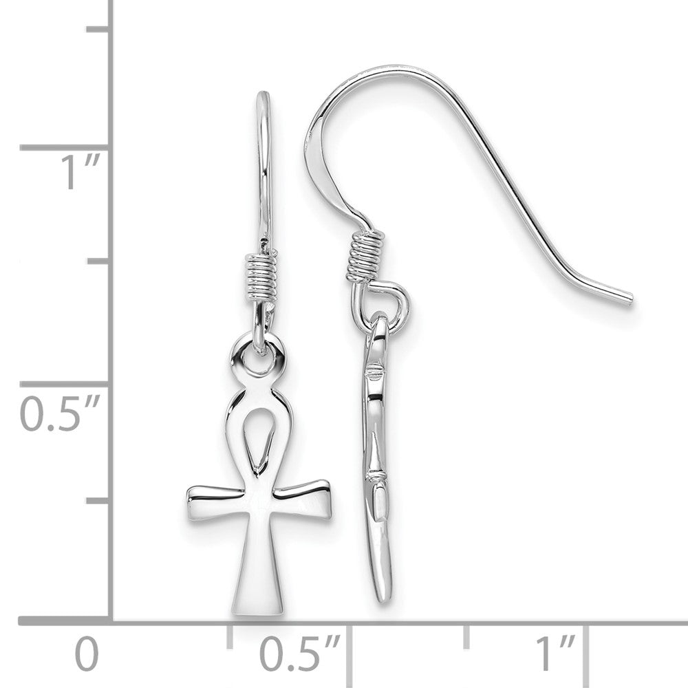 Rhodium-plated Sterling Silver Polished Dangle Egyptian Cross Ankh Earrings