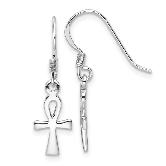 Rhodium-plated Sterling Silver Polished Dangle Egyptian Cross Ankh Earrings