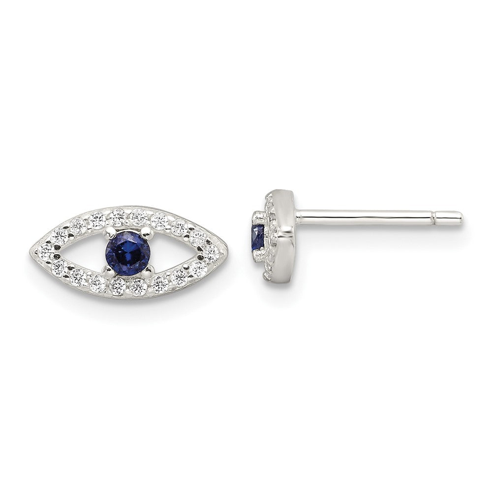 Sterling Silver E-Coating Clear and Blue CZ Evil Eye Post Earrings