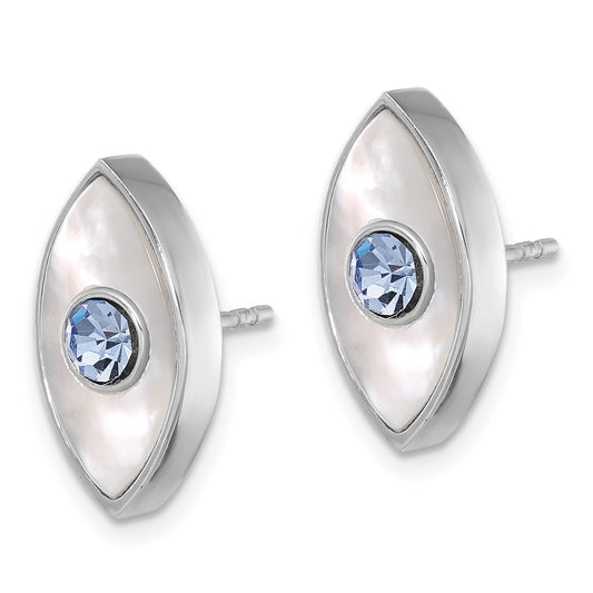Rhodium-plated Sterling Silver MOP Pearl & Blue Swarovski Crystal Evil Eye Earrings