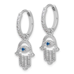 Rhodium-plated Sterling Silver White & Blue CZ Evil Eye Hamsa Hoop Earrings