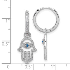 Rhodium-plated Sterling Silver White & Blue CZ Evil Eye Hamsa Hoop Earrings