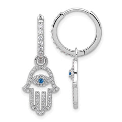 Rhodium-plated Sterling Silver White & Blue CZ Evil Eye Hamsa Hoop Earrings