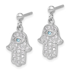 Rhodium-plated Sterling Silver Blue White CZ Hamsa Eye Post Dangle Earrings