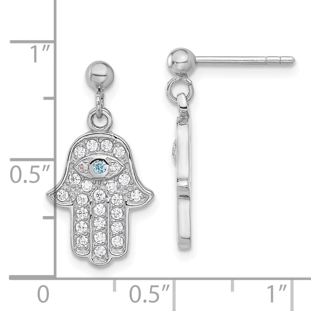 Rhodium-plated Sterling Silver Blue White CZ Hamsa Eye Post Dangle Earrings