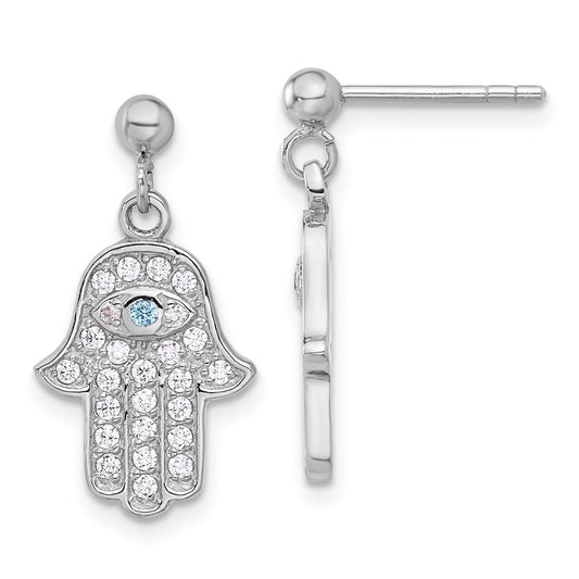 Rhodium-plated Sterling Silver Blue White CZ Hamsa Eye Post Dangle Earrings