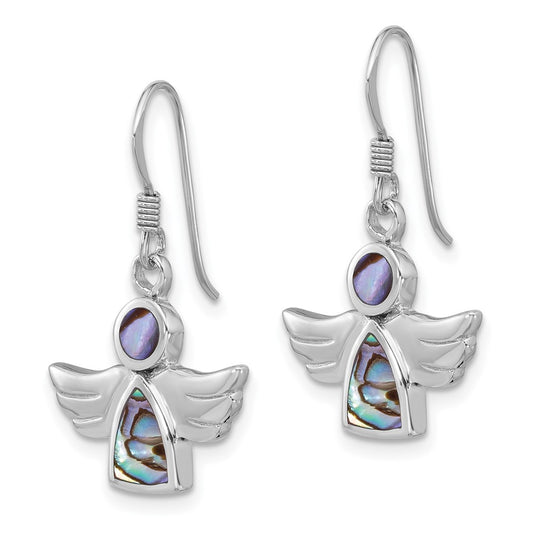 Rhodium-plated Sterling Silver Polished Abalone Dangle Angel Earrings