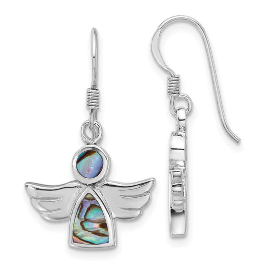 Rhodium-plated Sterling Silver Polished Abalone Dangle Angel Earrings