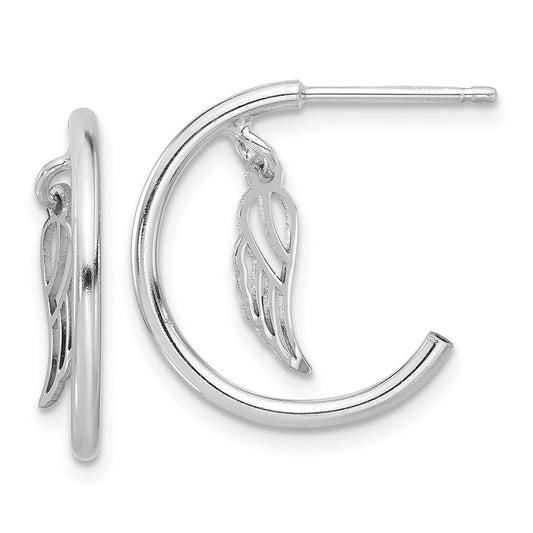 Rhodium-plated Sterling Silver Polished Wings Dangle J-Hoop Post Earrings