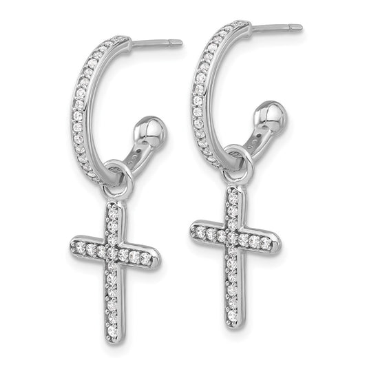 Sterling Silver Polished CZ Dangle Cross Hoop Post Earrings