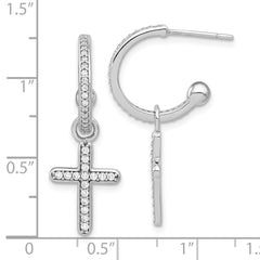 Sterling Silver Polished CZ Dangle Cross Hoop Post Earrings
