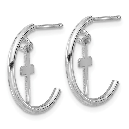 Rhodium-plated Sterling Silver Polished Cross Dangle J-Hoop Post Earrings