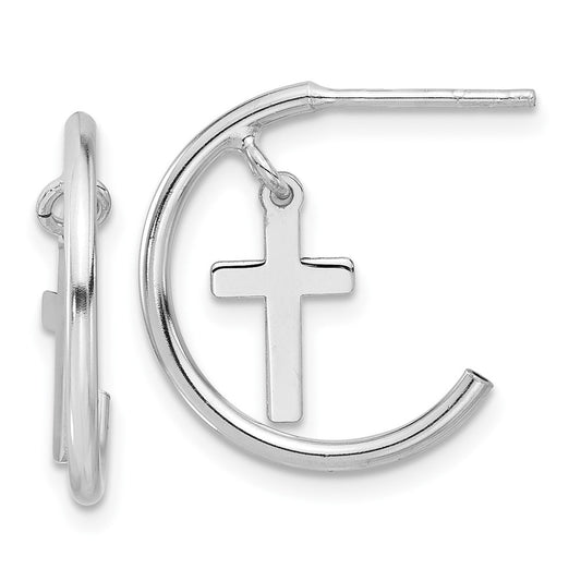 Rhodium-plated Sterling Silver Polished Cross Dangle J-Hoop Post Earrings