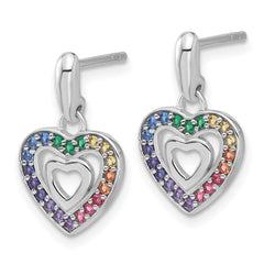 Rhodium-plated Sterling Silverd Rainbow Glass Crystal Double Heart Children's Dangle Earrings