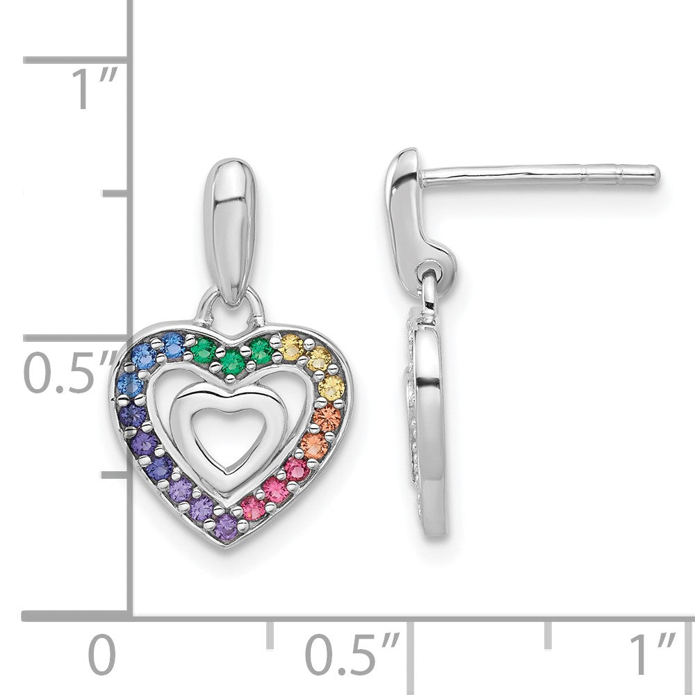 Rhodium-plated Sterling Silverd Rainbow Glass Crystal Double Heart Children's Dangle Earrings