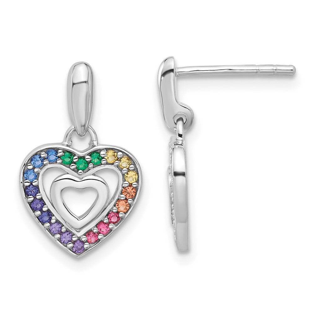 Rhodium-plated Sterling Silverd Rainbow Glass Crystal Double Heart Children's Dangle Earrings