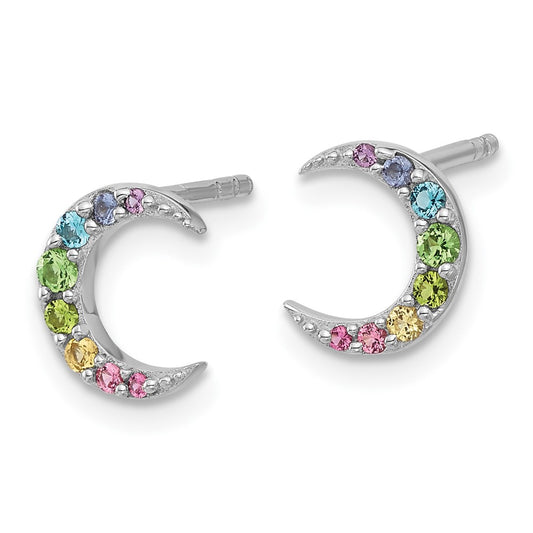 Rhodium-plated Silver Rainbow Glass Crystal Moon Kids Post Earrings