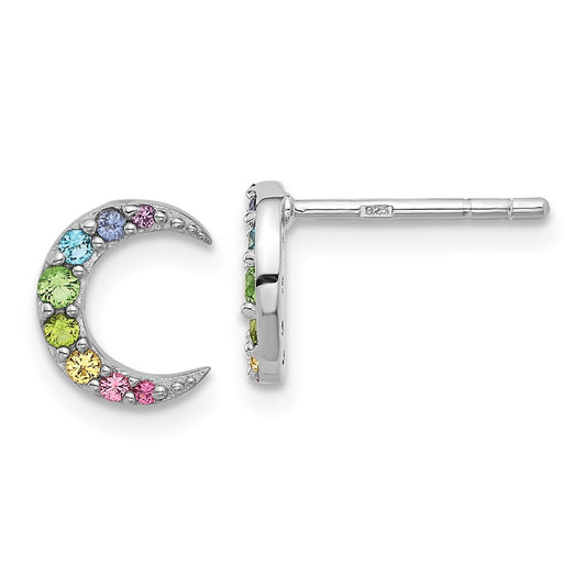 Rhodium-plated Silver Rainbow Glass Crystal Moon Kids Post Earrings