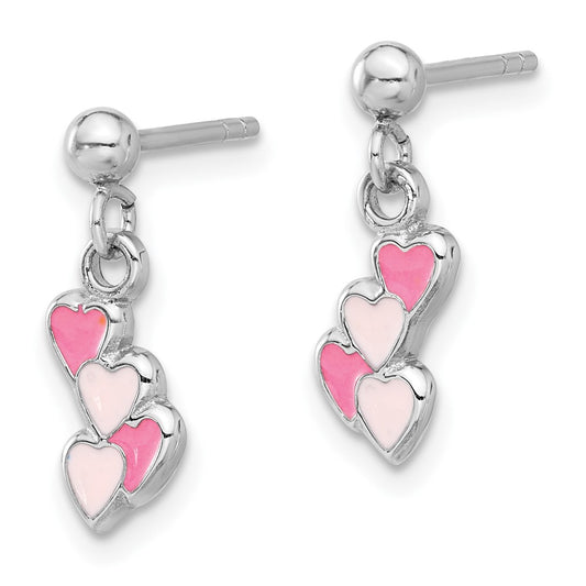 Rhodium-plated Sterling Silver Pink Enamel Hearts Post Drop Dangle Earrings