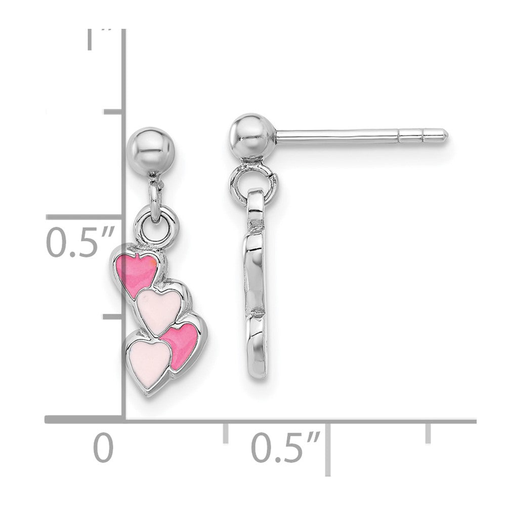 Rhodium-plated Sterling Silver Pink Enamel Hearts Post Drop Dangle Earrings