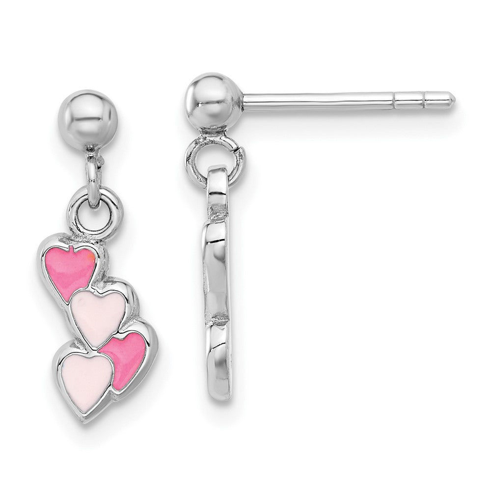 Rhodium-plated Sterling Silver Pink Enamel Hearts Post Drop Dangle Earrings