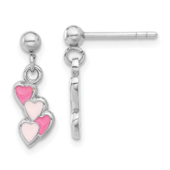 Rhodium-plated Sterling Silver Pink Enamel Hearts Post Drop Dangle Earrings