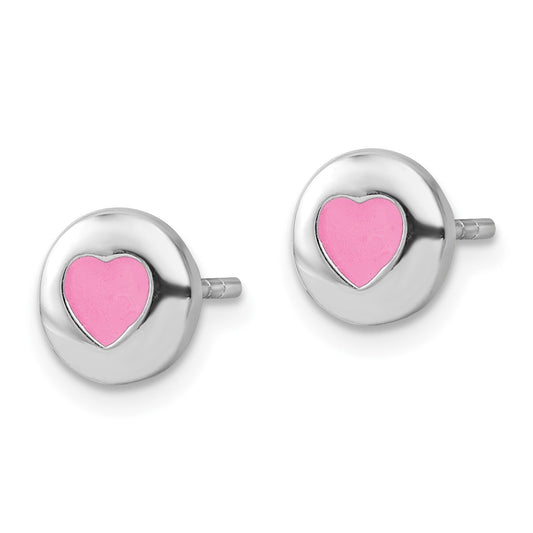 Rhodium-plated Sterling Silver Pink Enamel Heart Post Earrings