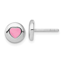 Rhodium-plated Sterling Silver Pink Enamel Heart Post Earrings