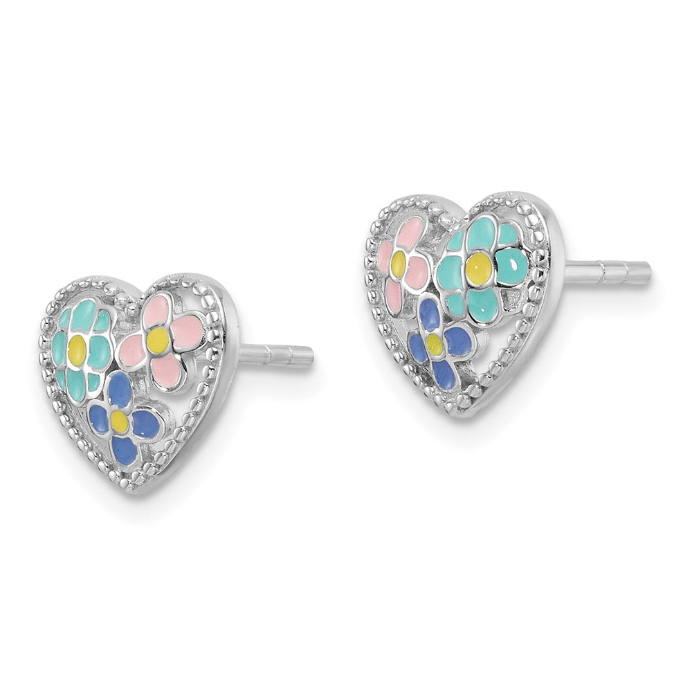 Rhodium-plated Sterling Silver Heart with Enamel Flowers Post Earrings