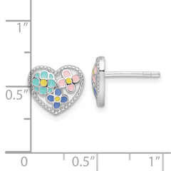 Rhodium-plated Sterling Silver Heart with Enamel Flowers Post Earrings