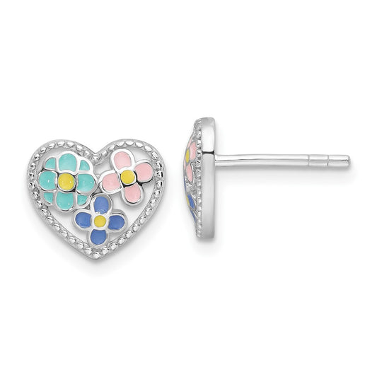 Rhodium-plated Sterling Silver Heart with Enamel Flowers Post Earrings