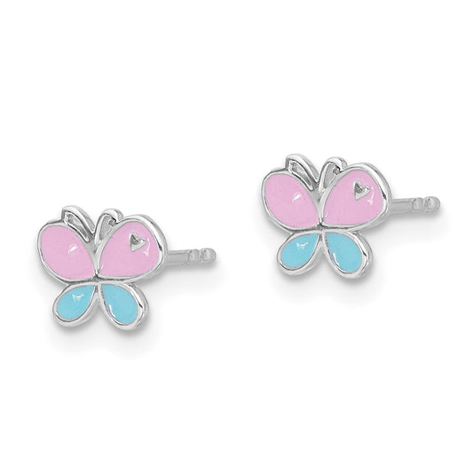 Rhodium-plated Sterling Silver Children's Enamel Butterfly Earrings