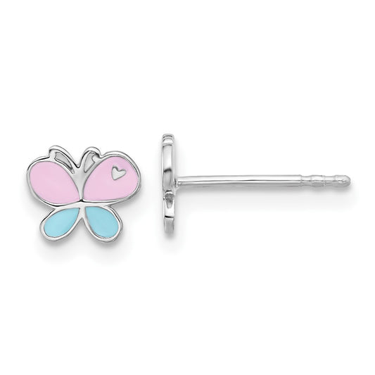 Rhodium-plated Sterling Silver Children's Enamel Butterfly Earrings