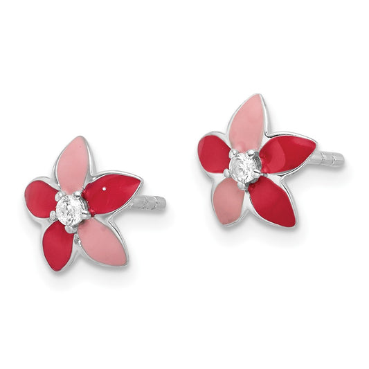 Rhodium-plated Sterling Silver CZ and Enamel Flower Post Earrings