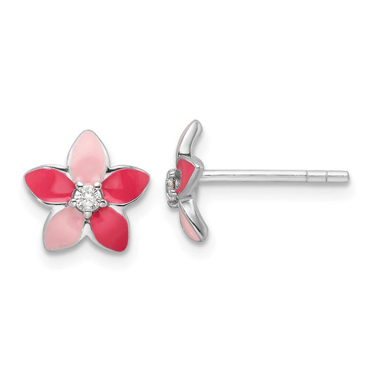 Rhodium-plated Sterling Silver CZ and Enamel Flower Post Earrings