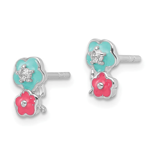 Rhodium-plated Sterling Silver CZ Enamel Flowers Post Earrings