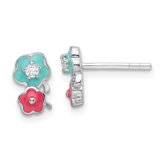 Rhodium-plated Sterling Silver CZ Enamel Flowers Post Earrings