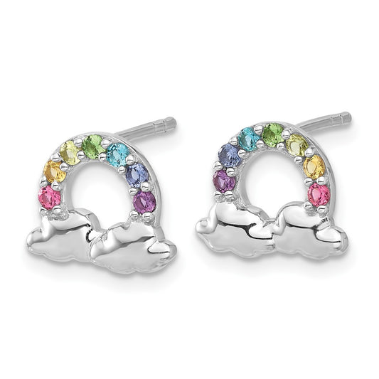 Rhodium-plated Sterling Silverd Children's Glass Crystal Rainbow and Clouds Post Earrings