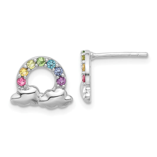 Rhodium-plated Sterling Silverd Children's Glass Crystal Rainbow and Clouds Post Earrings