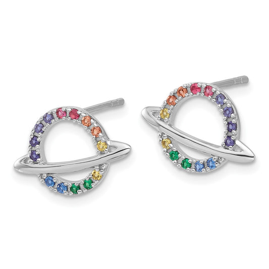 Rhodium-plated Silver Childs Rainbow Glass Crystal Planet Post Earrings