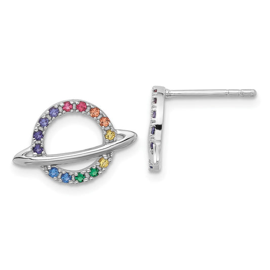 Rhodium-plated Silver Childs Rainbow Glass Crystal Planet Post Earrings