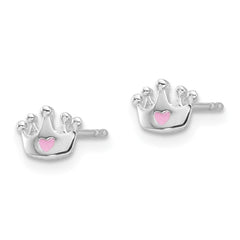 Rhodium-plated Sterling Silver Children's Crown with Enamel Heart Earrings