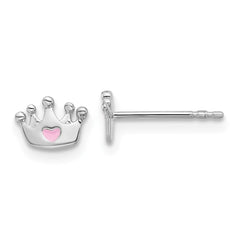 Rhodium-plated Sterling Silver Children's Crown with Enamel Heart Earrings